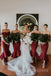 Off Shoulder Burgundy Mermaid Long Cheap Custom Satin Bridesmaid Dresses, MRB0338