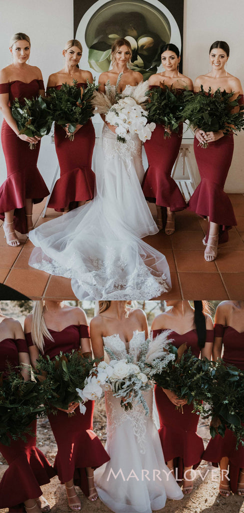 Off Shoulder Burgundy Mermaid Long Cheap Custom Satin Bridesmaid Dresses, MRB0338