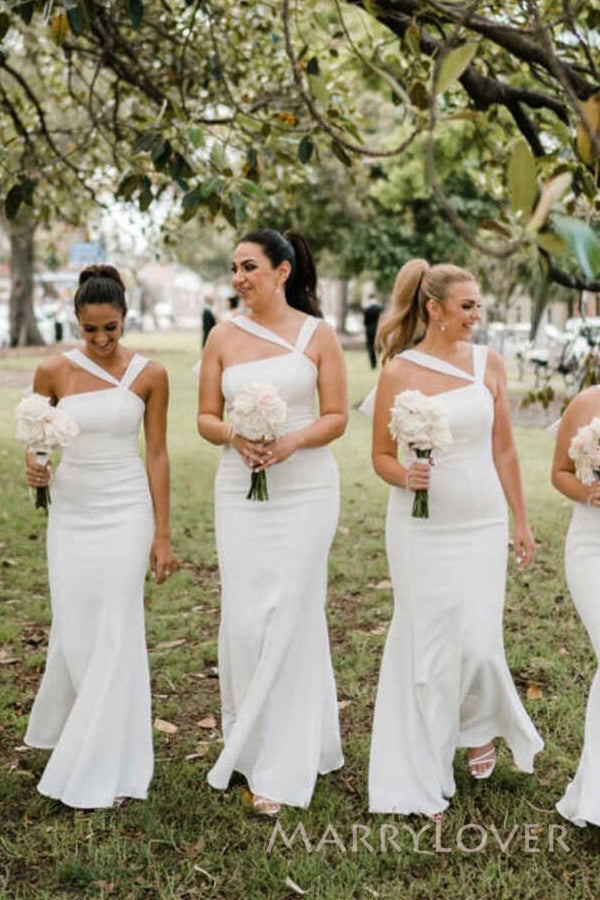 Mermaid White Long Cheap Custom Bridesmaid Dresses, MRB0340