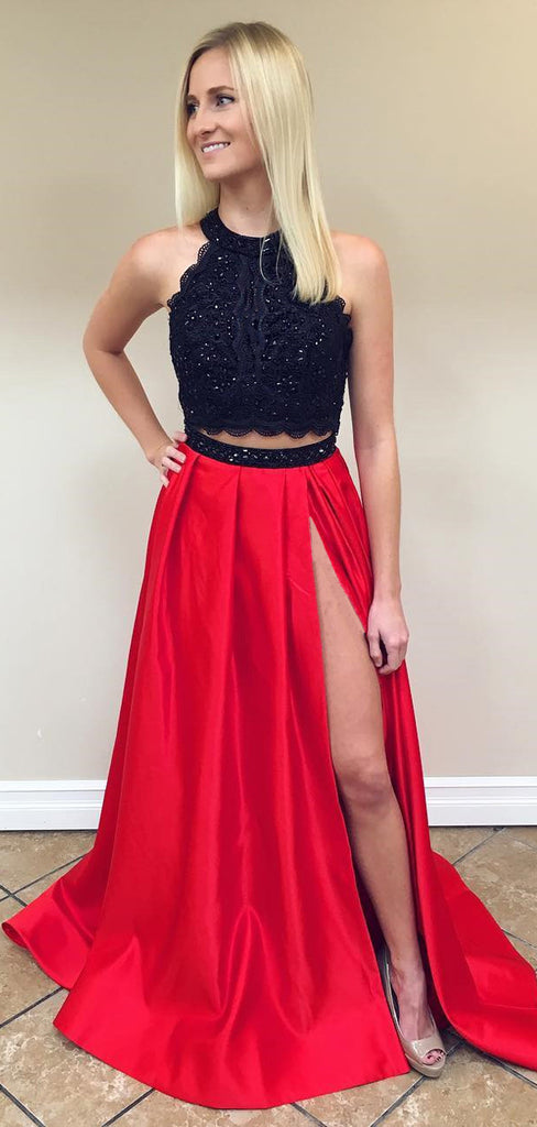 2 Pieces Black Lace Sexy Red Unique Cheap Long Prom Dress, BG51504