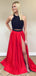 2 Pieces Black Lace Sexy Red Unique Cheap Long Prom Dress, BG51504