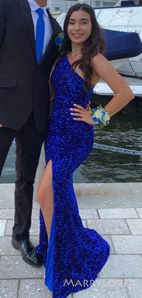 One Shoulder Sequins Side Slit Long Evening Prom Dresses, Custom Mermaid Prom Dress, BGS0056