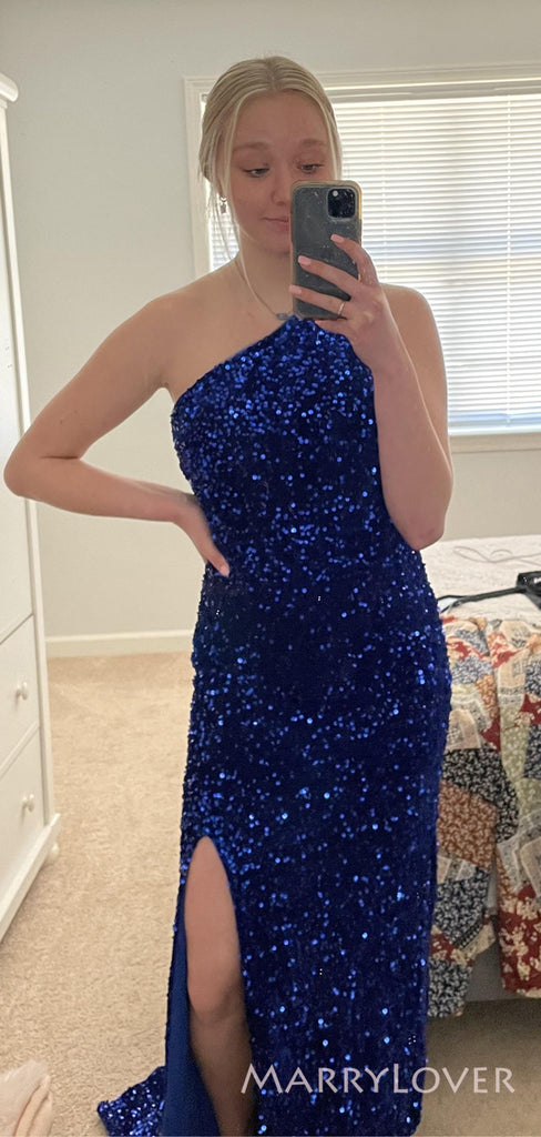 One Shoulder Sequins Side Slit Long Evening Prom Dresses, Custom Mermaid Prom Dress, BGS0056