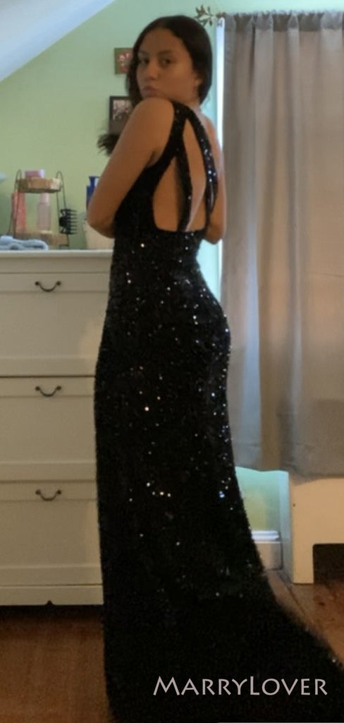 One Shoulder Sequins Side Slit Long Evening Prom Dresses, Custom Mermaid Prom Dress, BGS0056