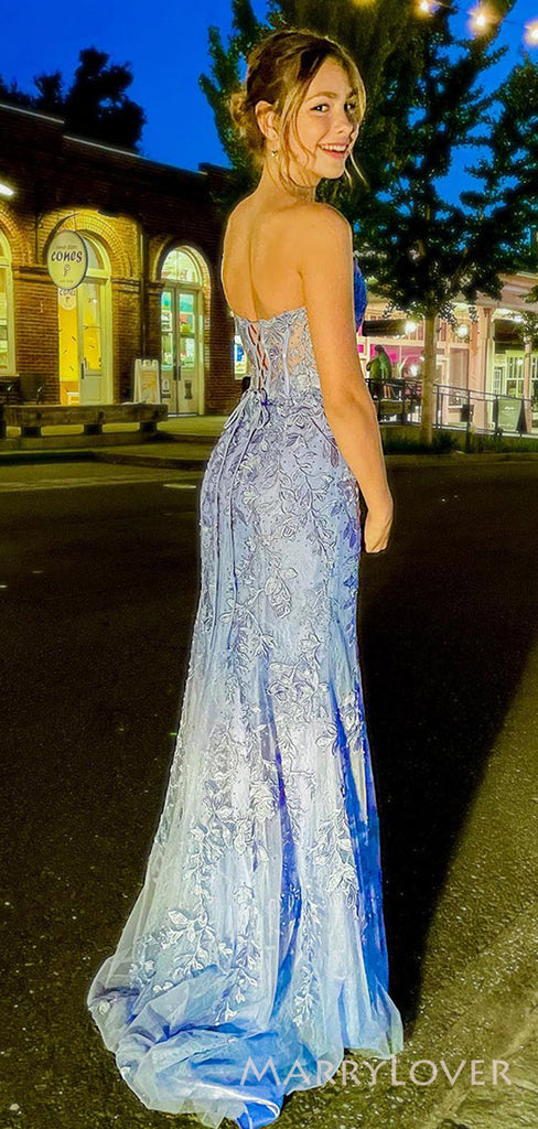 Mermaid Dusty Blue Tulle Appliques Long Evening Prom Dresses, Custom Strapless Prom Dress, BGS0060