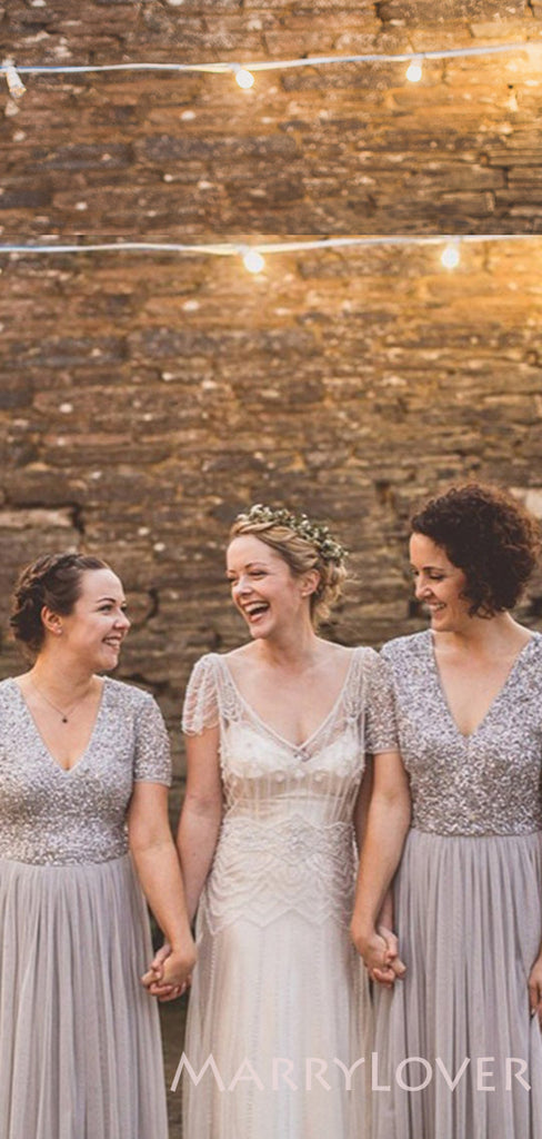 Column Short Sleeves Grey Tulle Long Bridesmaid Dresses , BN1025