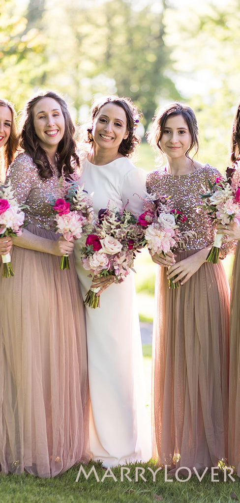 Sequin Half Sleeves A-line Tulle Long Bridesmaid Dresses , BN1036