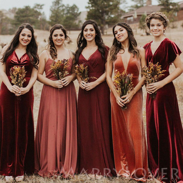 Velvet V-neck Long A-line Bridesmaid Dresses , BN1037