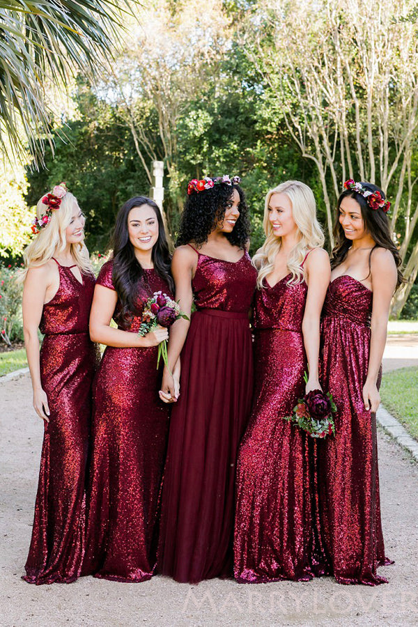 A-line/Sheath Burgundy Sequin Long Bridesmaid Dresses , BN1040