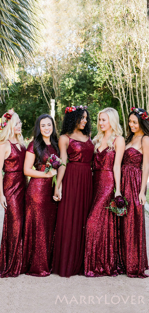 A-line/Sheath Burgundy Sequin Long Bridesmaid Dresses , BN1040