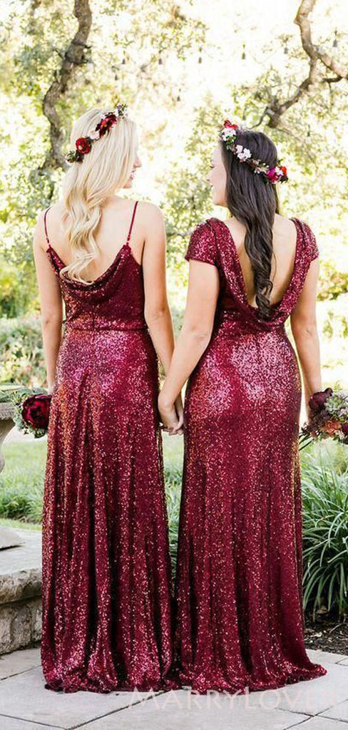 A-line/Sheath Burgundy Sequin Long Bridesmaid Dresses , BN1040