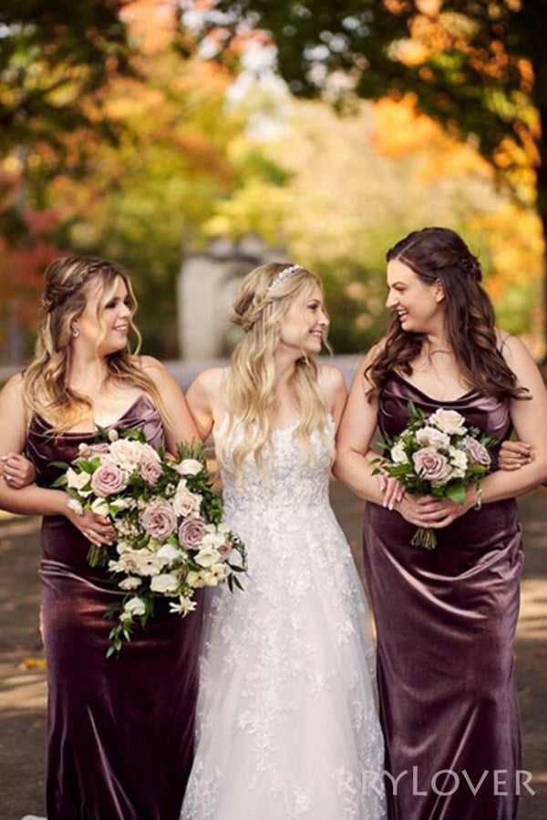 Spaghetti Straps Velvet Cowl Neck Long Column Bridesmaid Dresses , BN1052