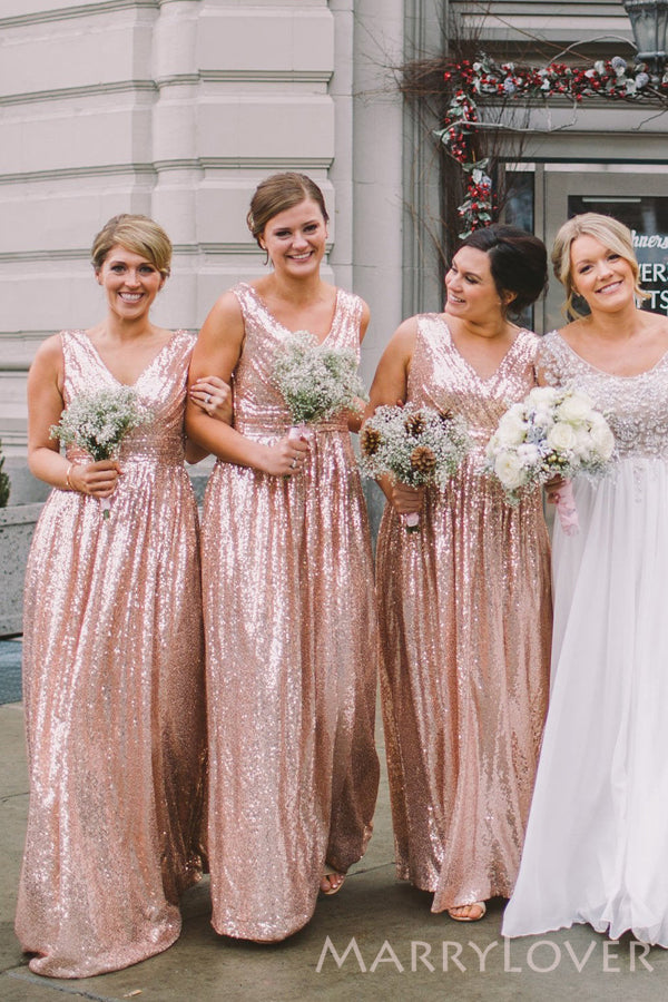 A-line Gold Sequin V-neck Long Bridesmaid Dresses , BN1067