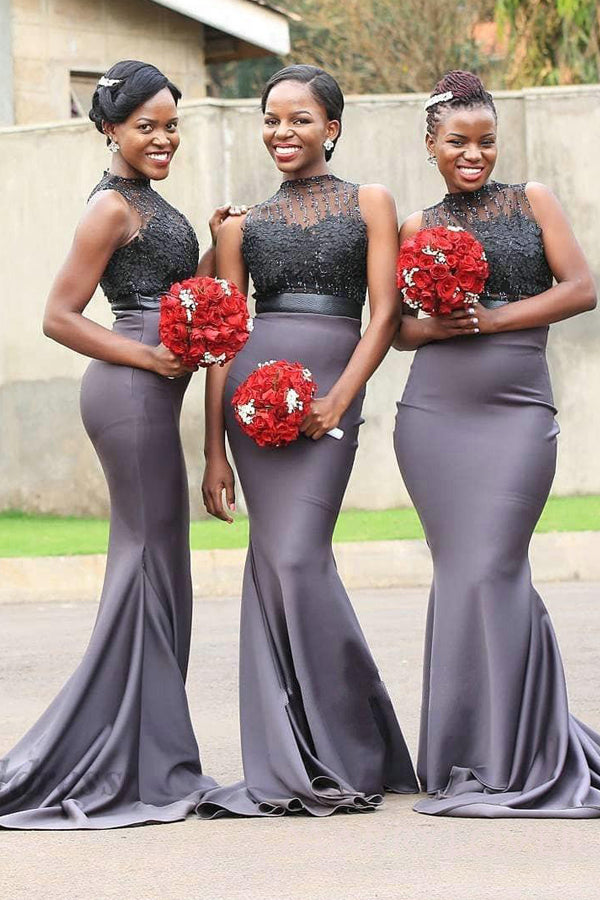 Grey Satin High Neck Appliques Long Mermaid Bridesmaid Dresses , BN1074