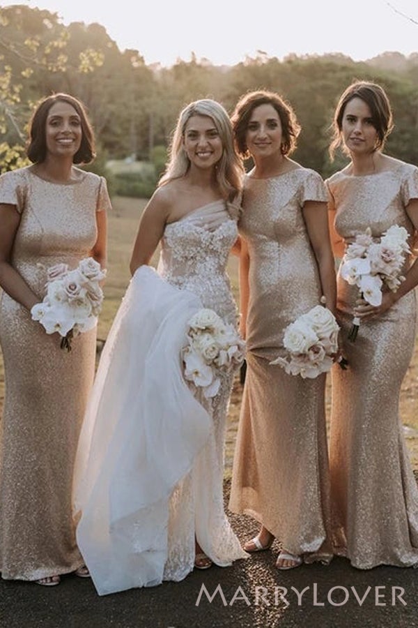 Gold Sequin Bateau Long Mermaid Bridesmaid Dresses , BN1099