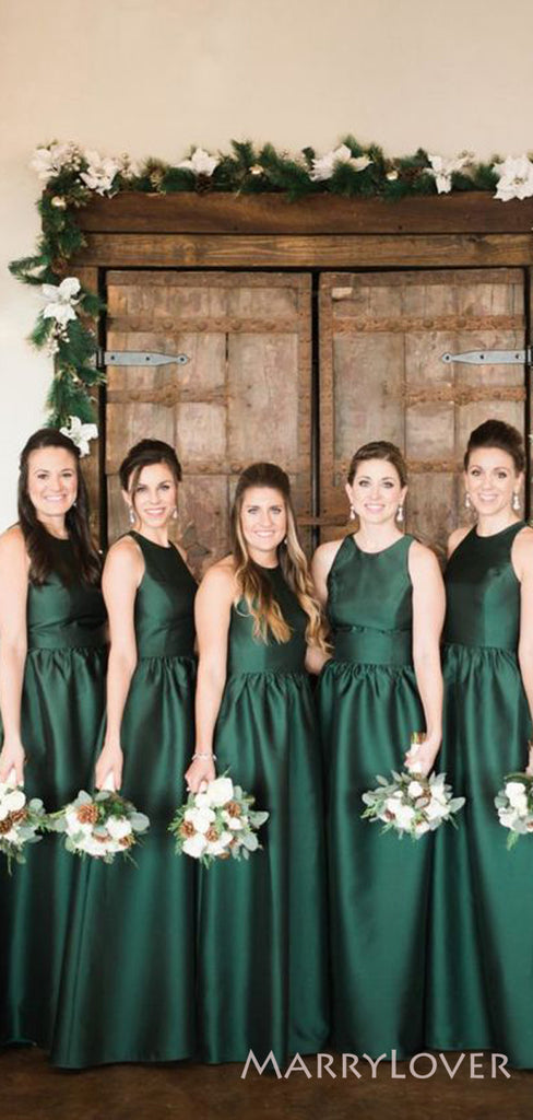 A-line Dark Green Satin Long  Custom Bridesmaid Dresses , BN1136
