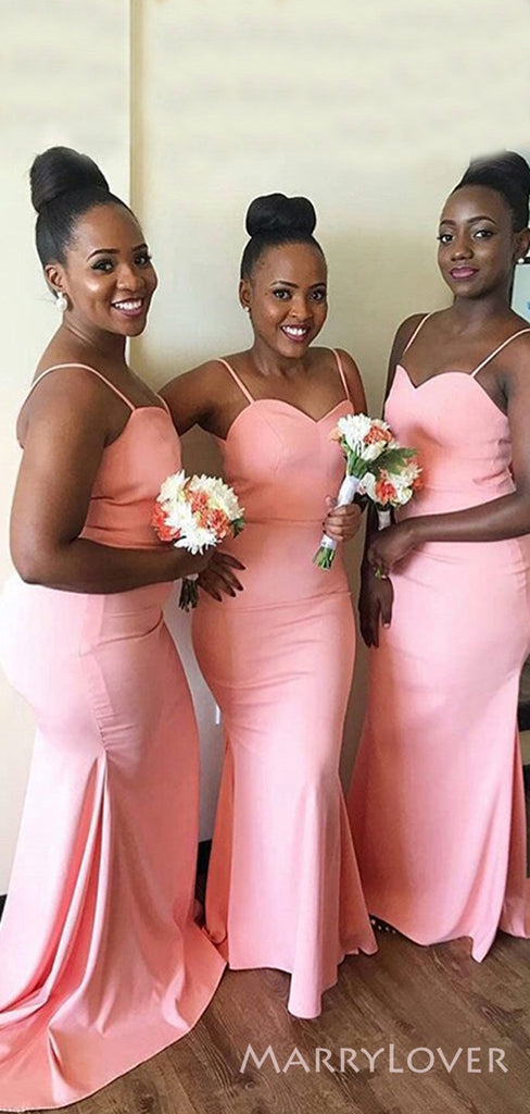 Spaghetti Straps Pink Satin Mermaid Long Custom Bridesmaid Dresses , BN1140