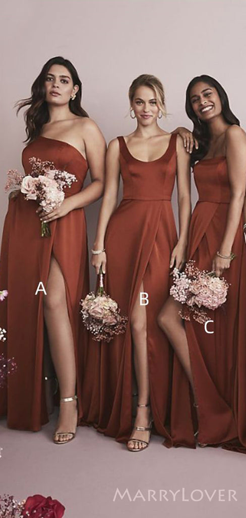 Simple Mismatched Satin Long Side Slit Custom Bridesmaid Dresses , BN1263