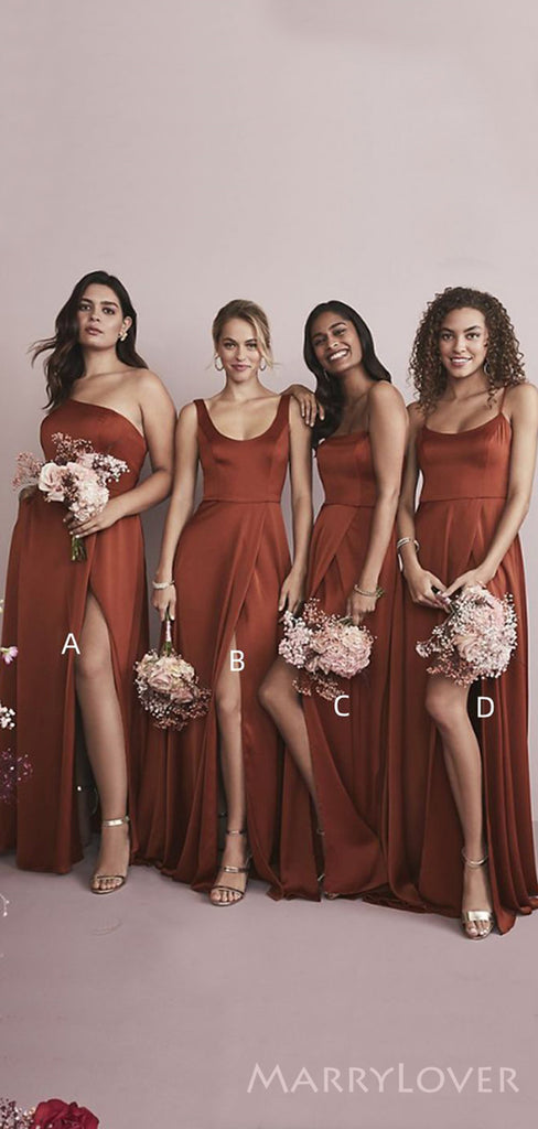 Simple Mismatched Satin Long Side Slit Custom Bridesmaid Dresses , BN1263