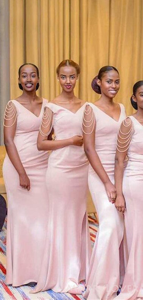 Mermaid Pink Satin Beaded V-neck Side Slit Long Custom Bridesmaid Dresses , BN1315