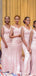 Mermaid Pink Satin Beaded V-neck Side Slit Long Custom Bridesmaid Dresses , BN1315