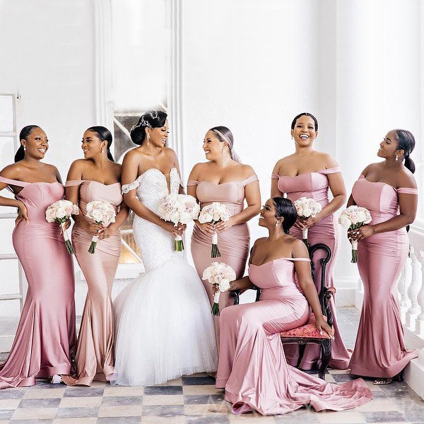 Off Shoulder Mermaid Satin Long Custom Bridesmaid Dresses , BN1344