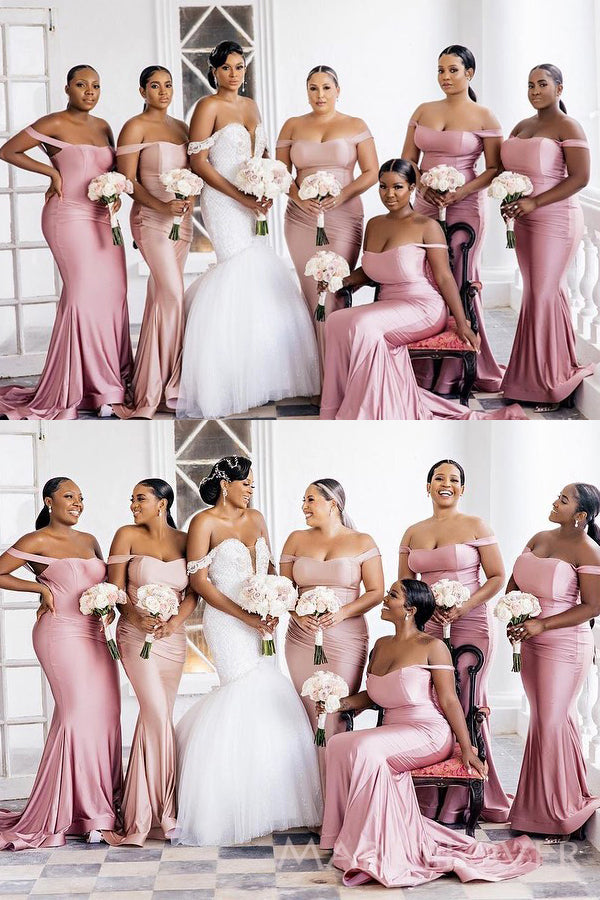 Off Shoulder Mermaid Satin Long Custom Bridesmaid Dresses , BN1344