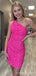 Simple One Shoulder Hot Pink Sequins Short Homecoming Dresses, HM1051