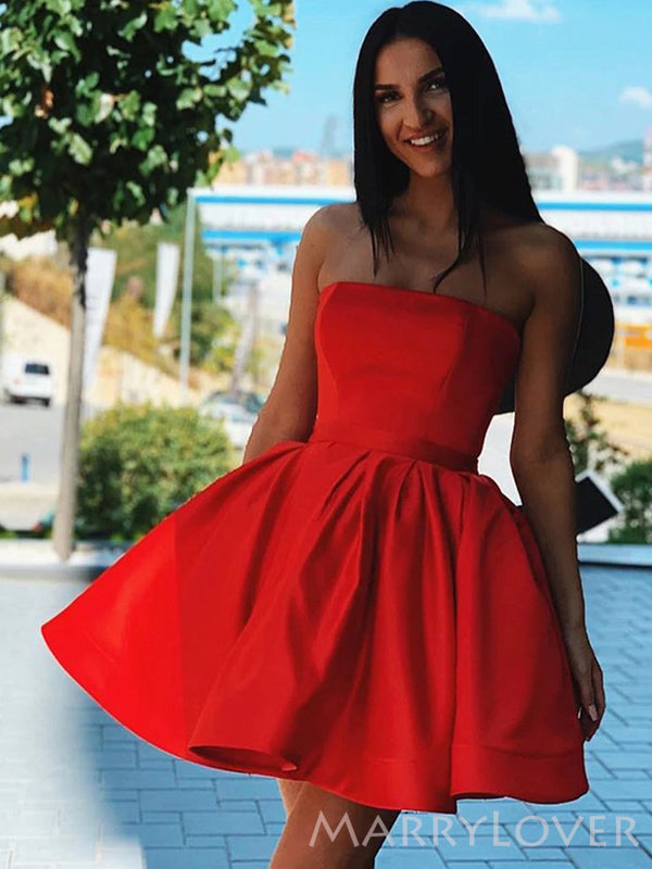 Red Satin Strapless A-line Short Backless Homecoming Dresses, HM1068