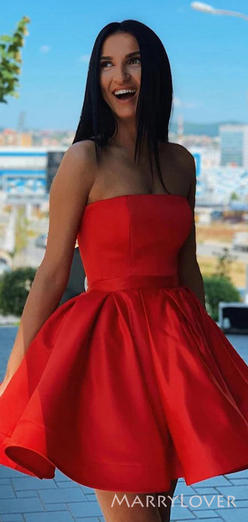 Red Satin Strapless A-line Short Backless Homecoming Dresses, HM1068