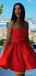 Red Satin Strapless A-line Short Backless Homecoming Dresses, HM1068