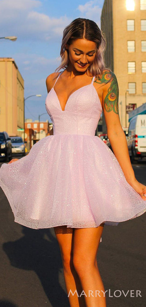 Pink Sparkly Spaghetti Straps A-line Short V-neck Homecoming Dresses, HM1072