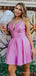 V-neck Spaghetti Straps Satin A-line Short Homecoming Dresses, HM1091