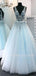 See Throuth V-neck Backless Floor Length Blue Lace A-line Long Evening Prom Dresses, MR7167