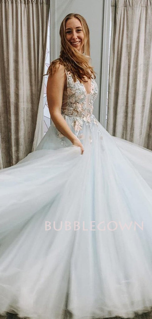 V neck Tulle wathet blue  Lace A-line Long Evening Prom Dresses, Cheap Prom Dress, MR7217