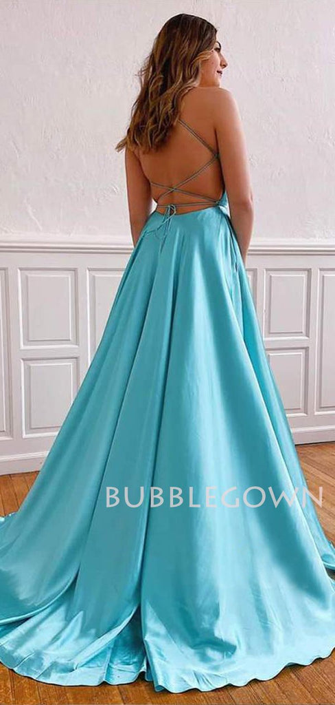 Aqua Satin V Neck Spaghetti Straps A-line Simple Backless Long Evening Prom Dresses, MR7591