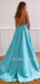 Aqua Satin V Neck Spaghetti Straps A-line Simple Backless Long Evening Prom Dresses, MR7591