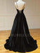Black Velvet A-line V-neck Spaghetti Straps Long Evening Prom Dresses, Cheap Custom Prom Dresses, MR7606