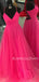 Hot Pink Tulle V-neck Pleat A-line Simple Spaghetti Straps Long Evening Prom Dresses, Cheap Custom Prom Dress, MR7608