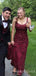 Burgundy Lace Tulle Appliques Spaghetti Straps Mermaid Long Evening Prom Dresses, MR7655