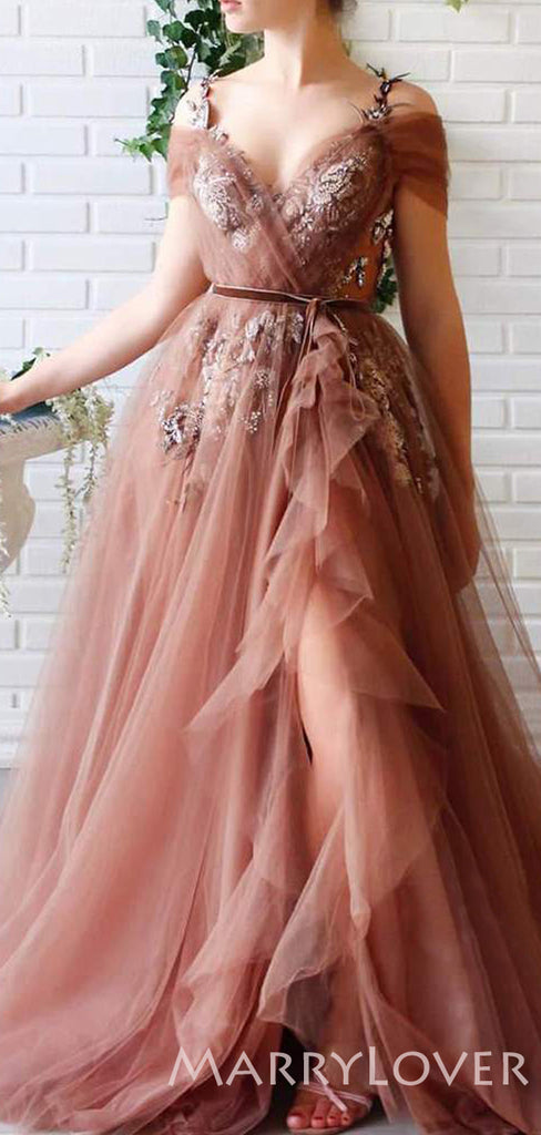 A-line V-neck Spaghetti Straps Tulle Appliques Long Evening Prom Dresses, Cheap Custom Prom Dress, MR7657
