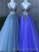A-line Attractive V-neck Tulle Beaded Long Evening Prom Dresses, Cheap Custom Prom Dresses, MR7658