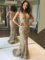 Deep V-neck Mermaid Gold Lace Beaded Appliques Long Evening Prom Dresses, MR7661