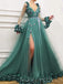 A-line V-neck Long Sleeves Green Tulle 3D Appliques Long Evening Prom Dresses, Cheap Custom Prom Dress, MR7666