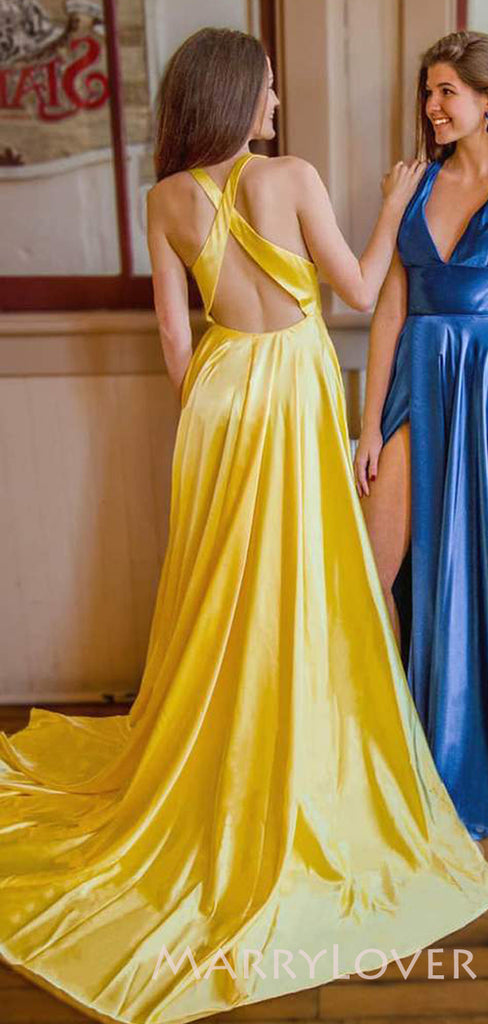 Criss-Cross Straps Sexy Deep V-neck A-line Long Backless Evening Prom Dresses, MR7668