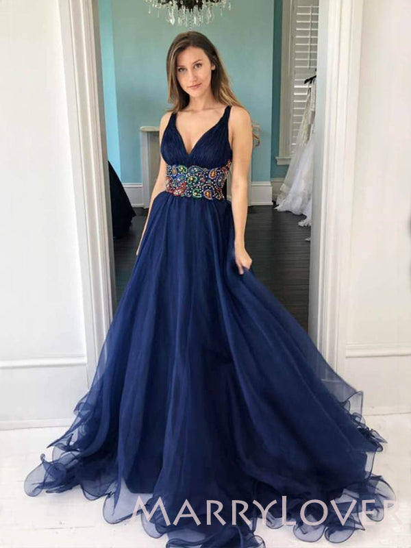 A-Line V-neck Navy Blue Tulle Beaded Long Evening Prom Dresses, Cheap Custom Prom Dresses, MR7691