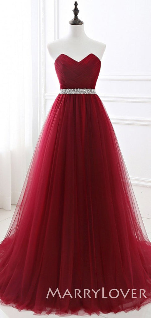 Burgundy Tulle A-line Beaded Strapless Long Evening Prom Dresses, Cheap Custom Prom Dress, MR7694