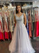 A-line V Neck Grey Tulle Appliques Long Lace Evening Prom Dresses, Cheap Custom Prom Dresses, MR7696