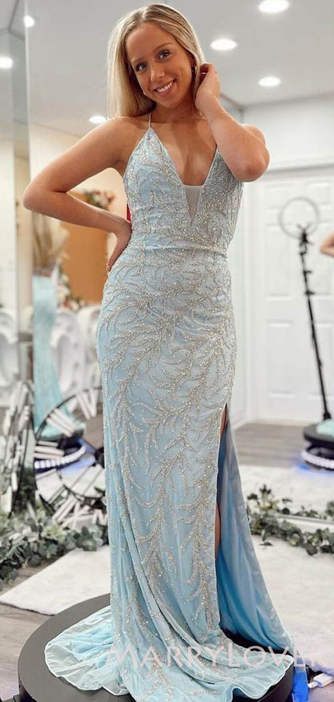 Light Blue V-neck Beaded Side Slit Mermaid Long Evening Prom Dresses, Cheap Prom Dress, MR7864