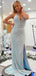 Light Blue V-neck Beaded Side Slit Mermaid Long Evening Prom Dresses, Cheap Prom Dress, MR7864